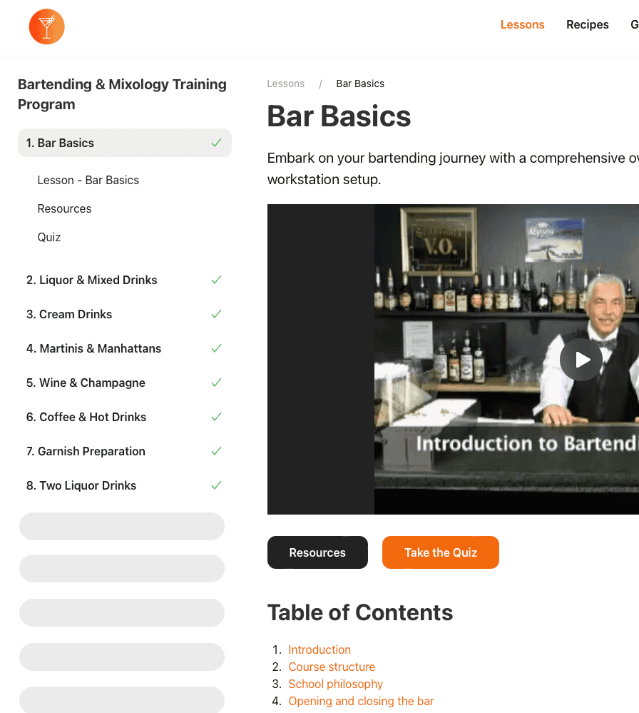 Online bartending lessons content